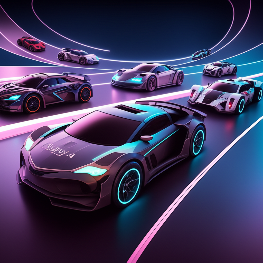 AI platforms racing on a track, with Swipey AI in the lead, symbolizing performance differentiation in the AI content space