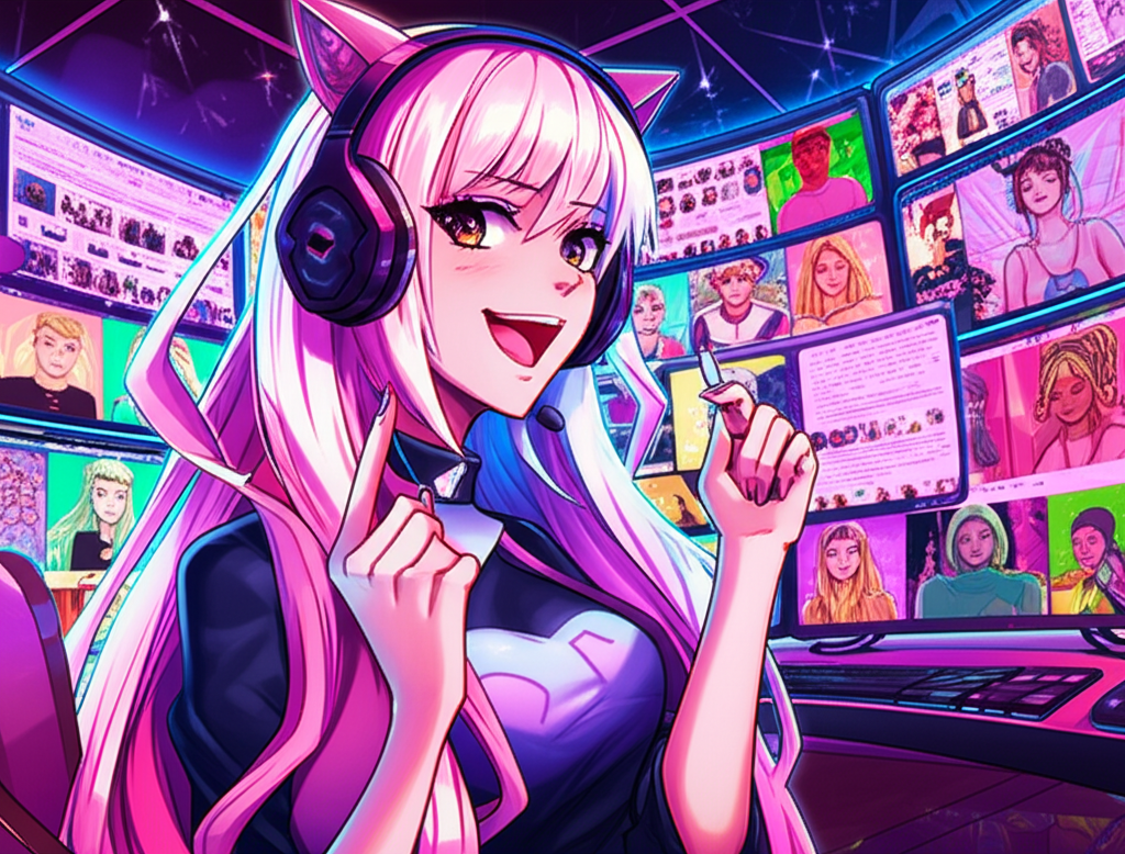 Illustration of charismatic digital creator Kittynobi with cat ear headset engaging diverse online audience across OnlyFans and Twitch platforms