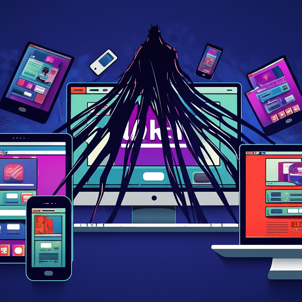 Illustration of a content creation platform with leaked material spreading across devices, symbolizing the impact of OnlyFans leaks on creators and users