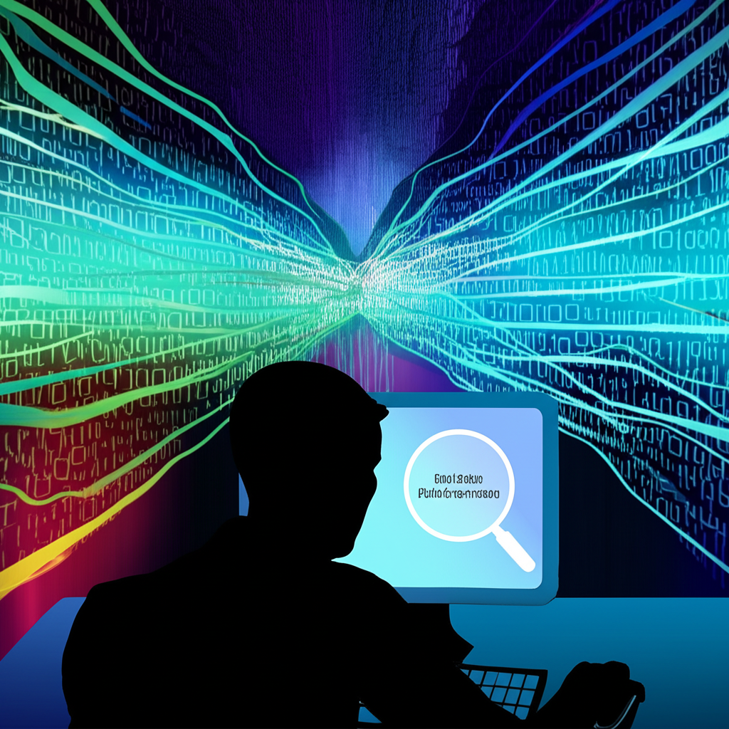 Illustration of a person searching on a computer with digital information streams flowing around, representing online content and public figure search queries