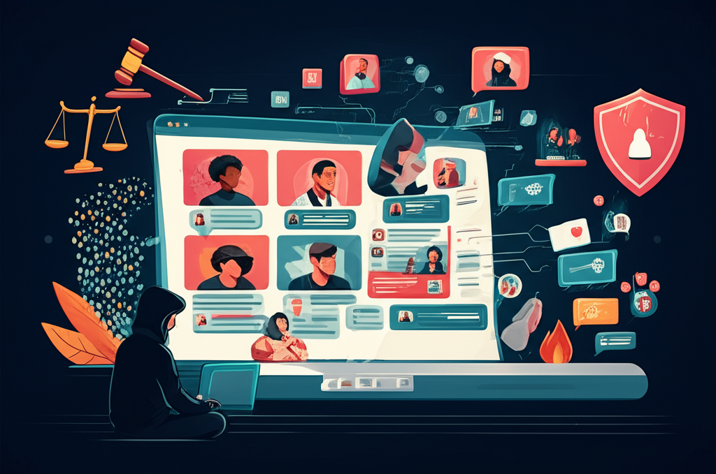 Illustration of digital landscape with OnlyFans creators monetizing content amid unauthorized distribution by shadowy figures, highlighting legal, ethical, and cybersecurity issues