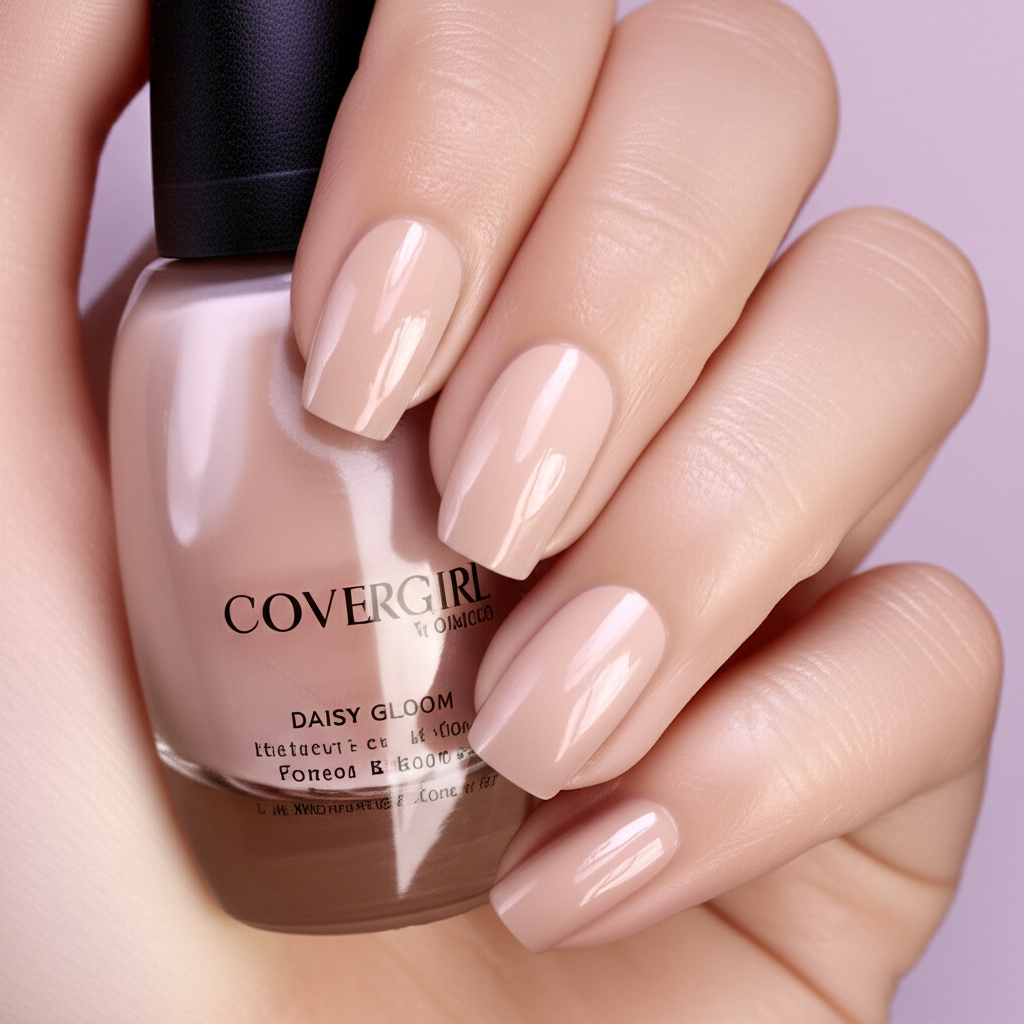 An elegant illustration of a woman's hand with perfectly manicured nails in CoverGirl Daisy Bloom Nude nail gloss reflecting sophisticated simplicity and natural elegance a timeless beauty staple