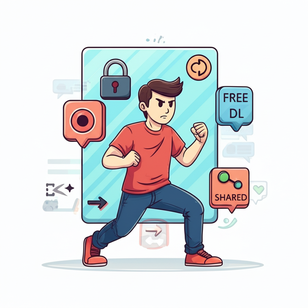 An illustration showing a creator's exclusive content behind a paywall being circumvented by screen recording icons and unauthorized sharing symbols with a determined creator figure fighting against digital piracy