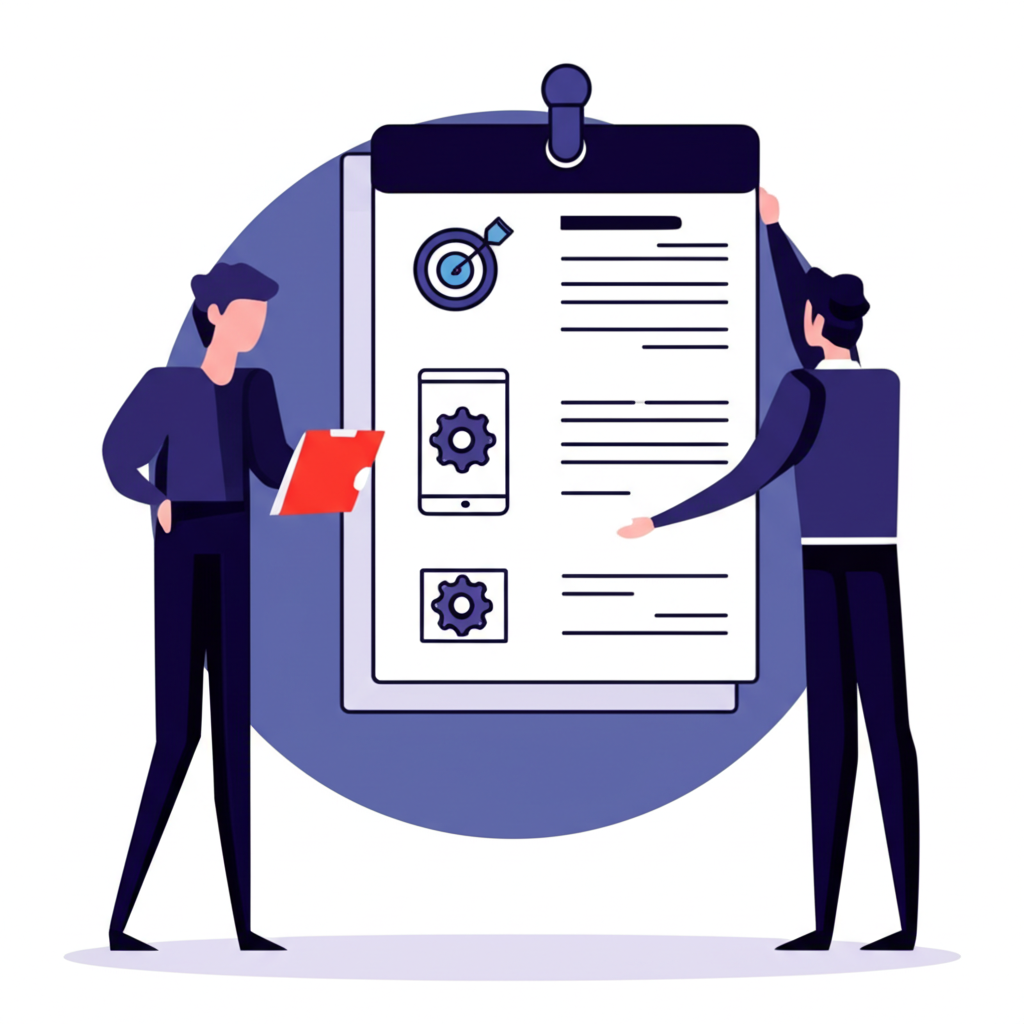 Illustration of a user evaluating AI writing assistant features like accuracy, usability, and customization with a checklist, aiming for content goals