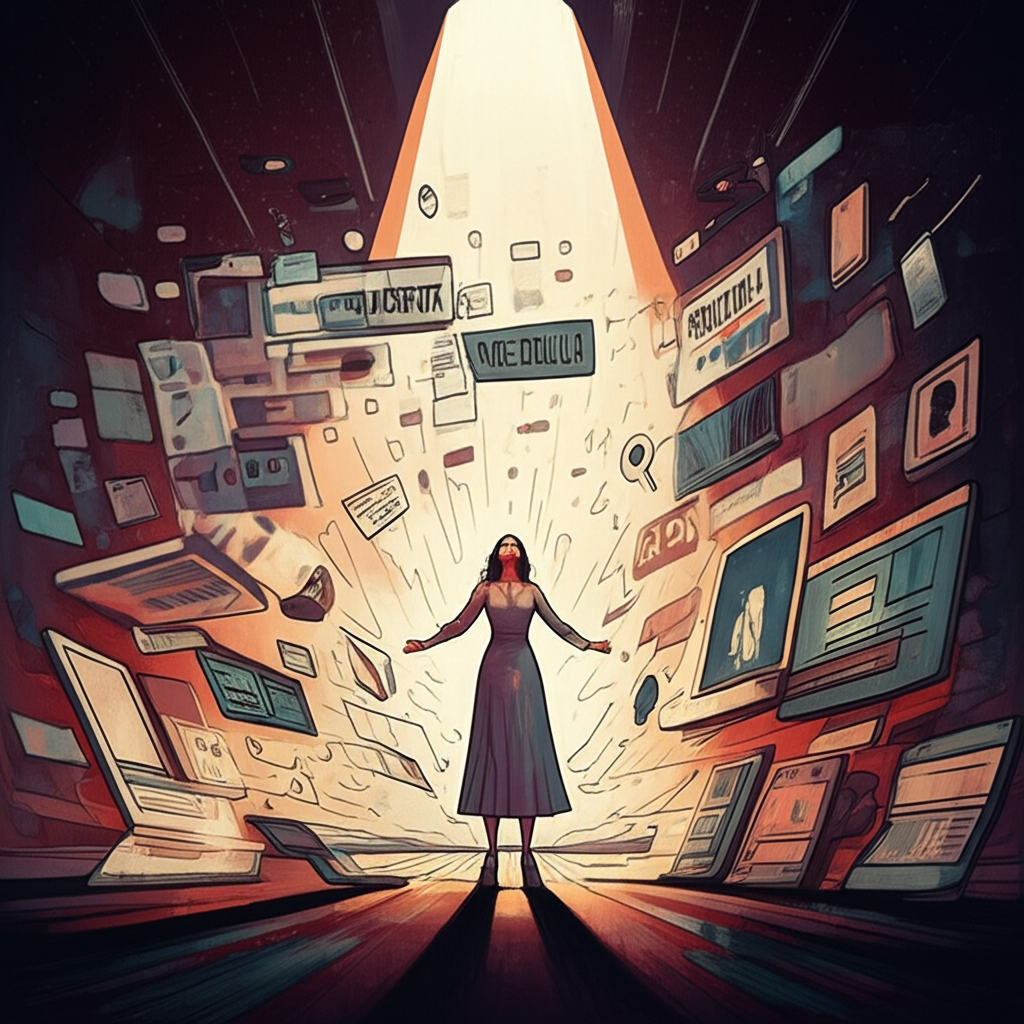 Digital illustration of Qveenjulia at the center of a data storm, symbolizing online leaks and viral searches