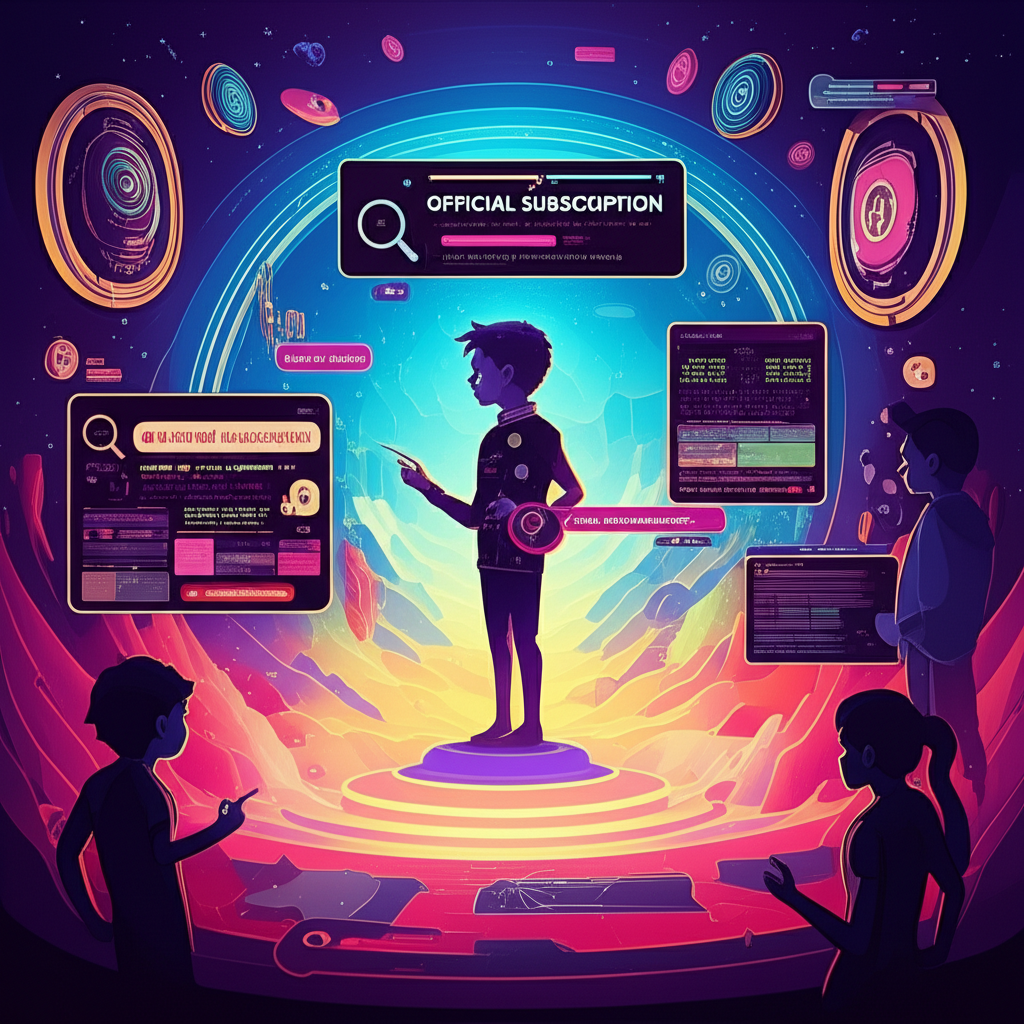 Vibrant digital landscape illustration featuring Mysticbeing surrounded by searching fans and queries for official OnlyFans subscriptions versus unofficial content