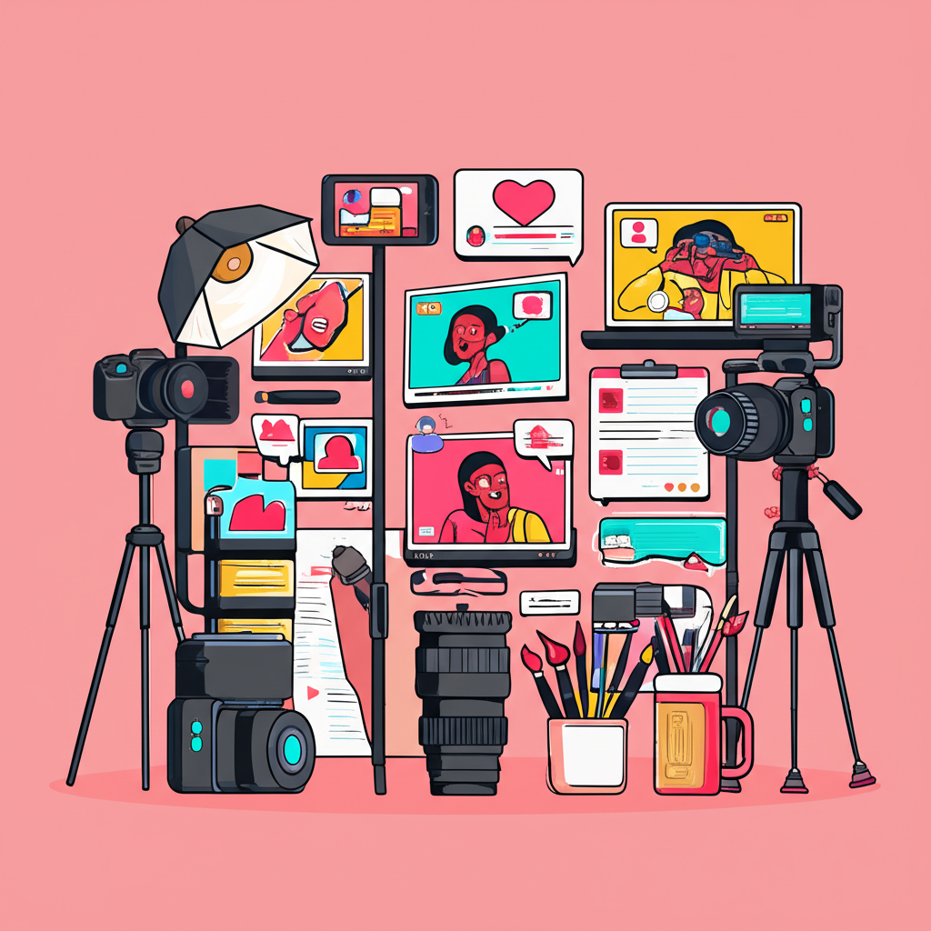 Illustration depicting Yemada in a creative studio setting surrounded by camera equipment and art supplies, showcasing diverse media like photos and videos with thought bubbles indicating behind-the-scenes glimpses and personal vlogs, fostering a strong community bond through direct messages