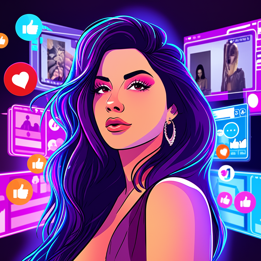 Illustration of Marian Gomez surrounded by digital screens and social media icons, highlighting her online presence and ethical support in adult entertainment