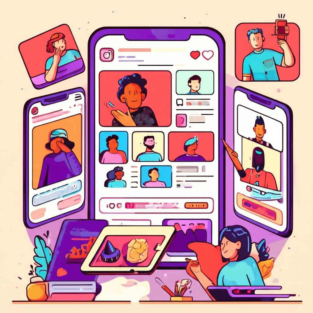 Illustration of various online personas expressed through user-generated content on platforms like Instagram and X with people sharing creativity and building communities