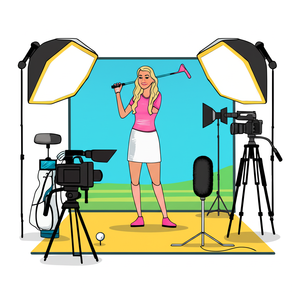 Grace Charis in a studio setting creating engaging golf content with cameras and lights portraying her professional work