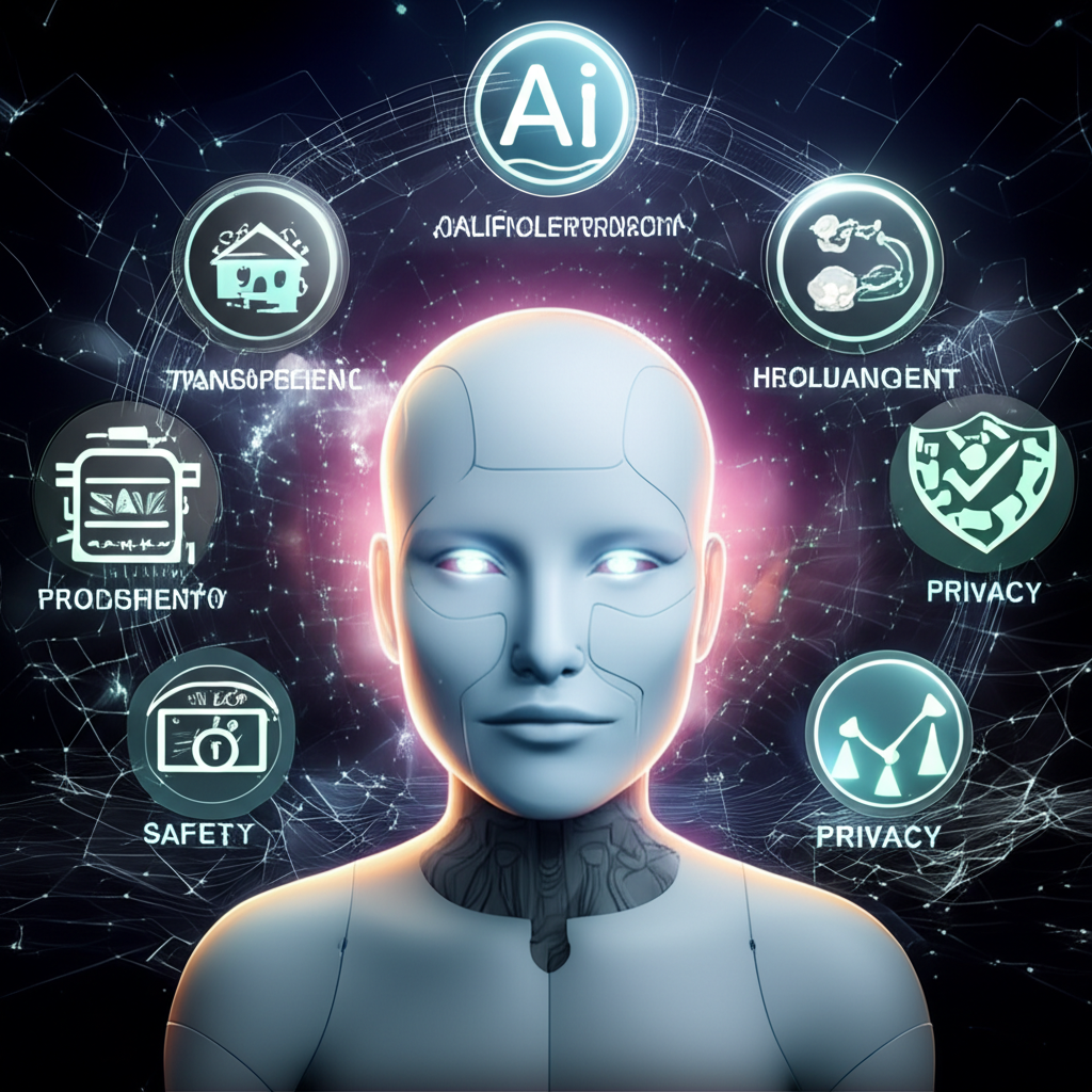 AI entity surrounded by glowing ethical guidelines and safety icons symbolizing commitment to harmlessness