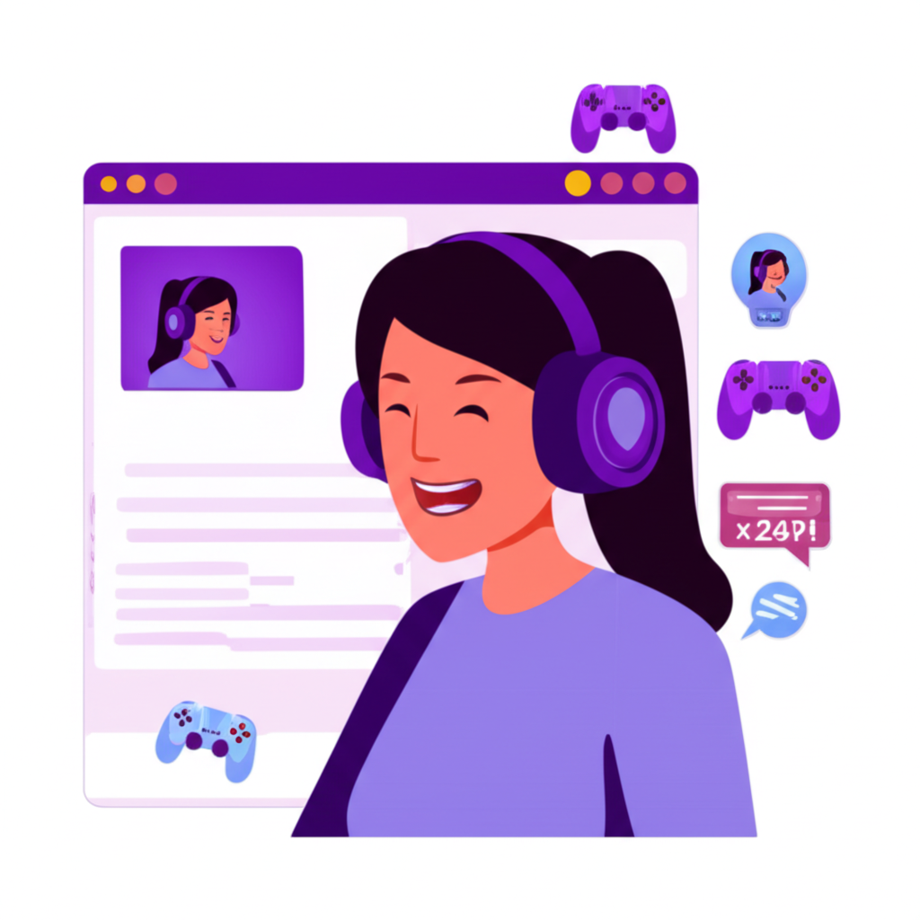 Illustration of Cinnabrit happily streaming on Twitch with gaming elements and social media icons, building her positive online community