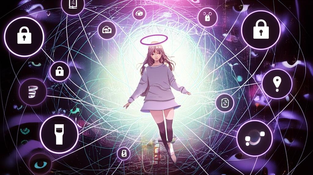 Illustration of a content creator like Hannah Owo navigating online platforms with privacy and ethics symbols amid curious shadows