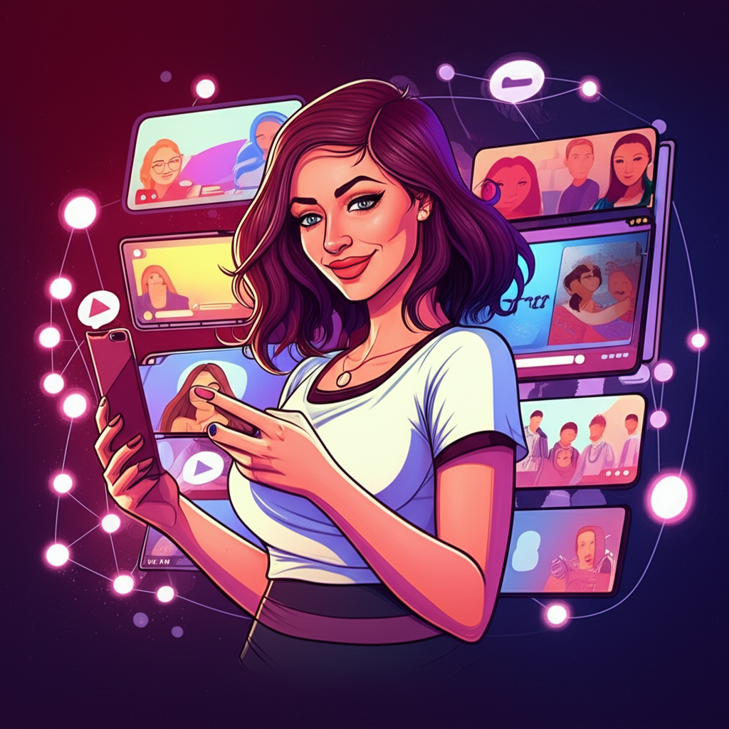 Illustration of Jessica Kinley as a digital content creator on OnlyFans surrounded by a vibrant online community and exclusive media symbolizing the modern creator economy and her digital presence