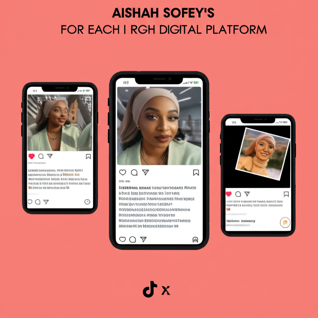 Illustration of Aishah Sofey's platform-specific content: a stylish Instagram photo, a quick X text update, and a dynamic TikTok video, showcasing her diverse digital expressions