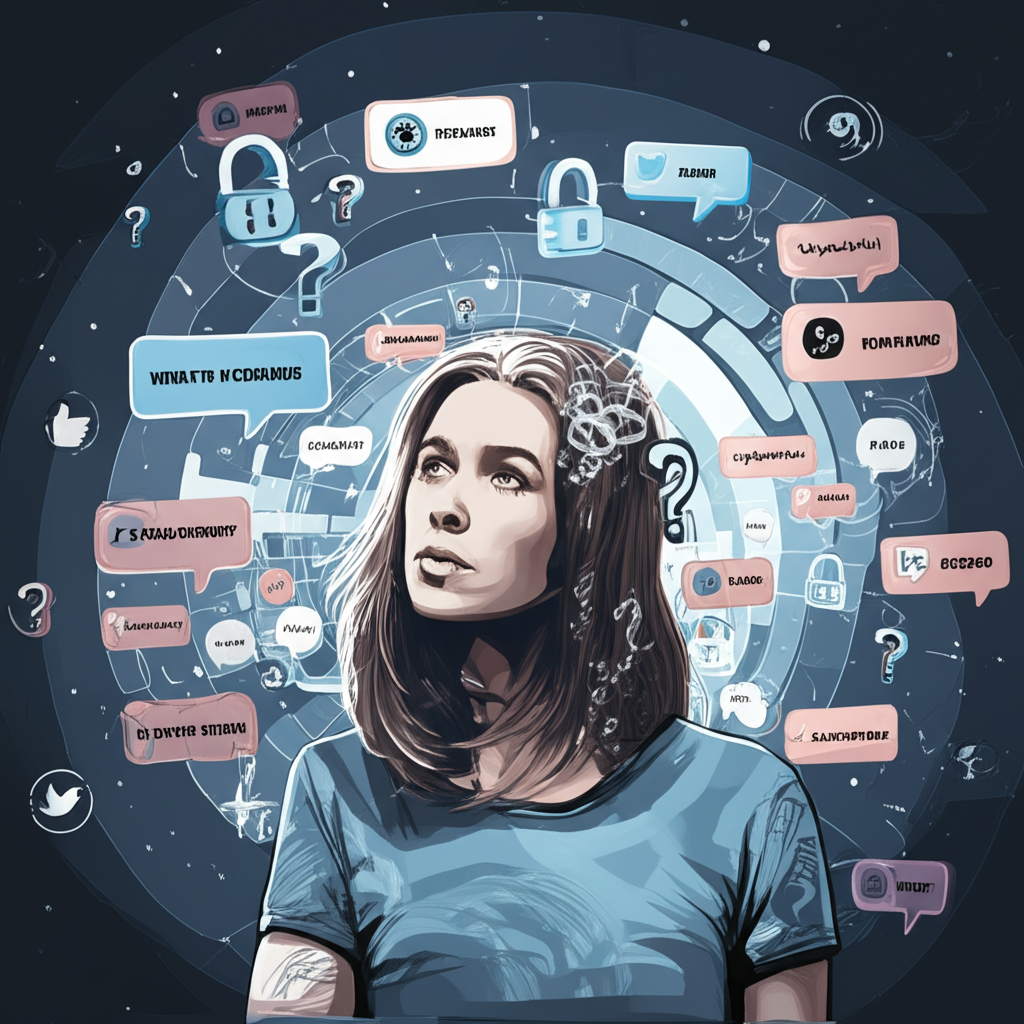 Illustration of Andie Elle amid a digital storm of search terms, rumors, and privacy symbols emphasizing online safety