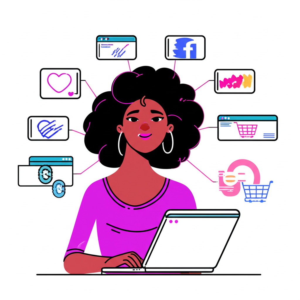 Illustration of Jules Ari maintaining a multi-platform digital presence strategically utilizing various online channels to reach and engage with her fanbase with primary activities on monetization platforms