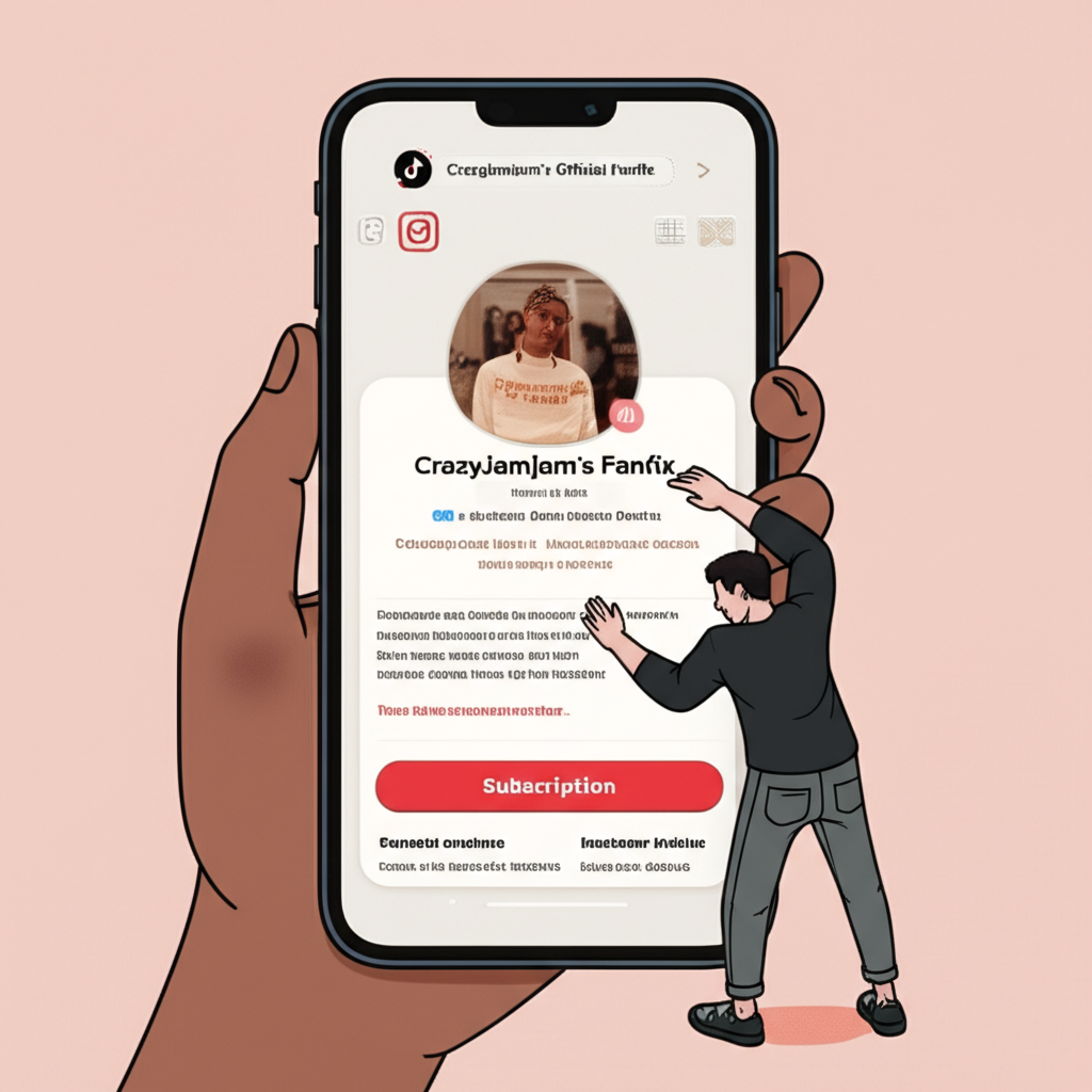 Illustration of navigating a device to find Crazyjamjam's official Fanfix profile with links from TikTok, Instagram, and X, showing personalized descriptions and subscription options