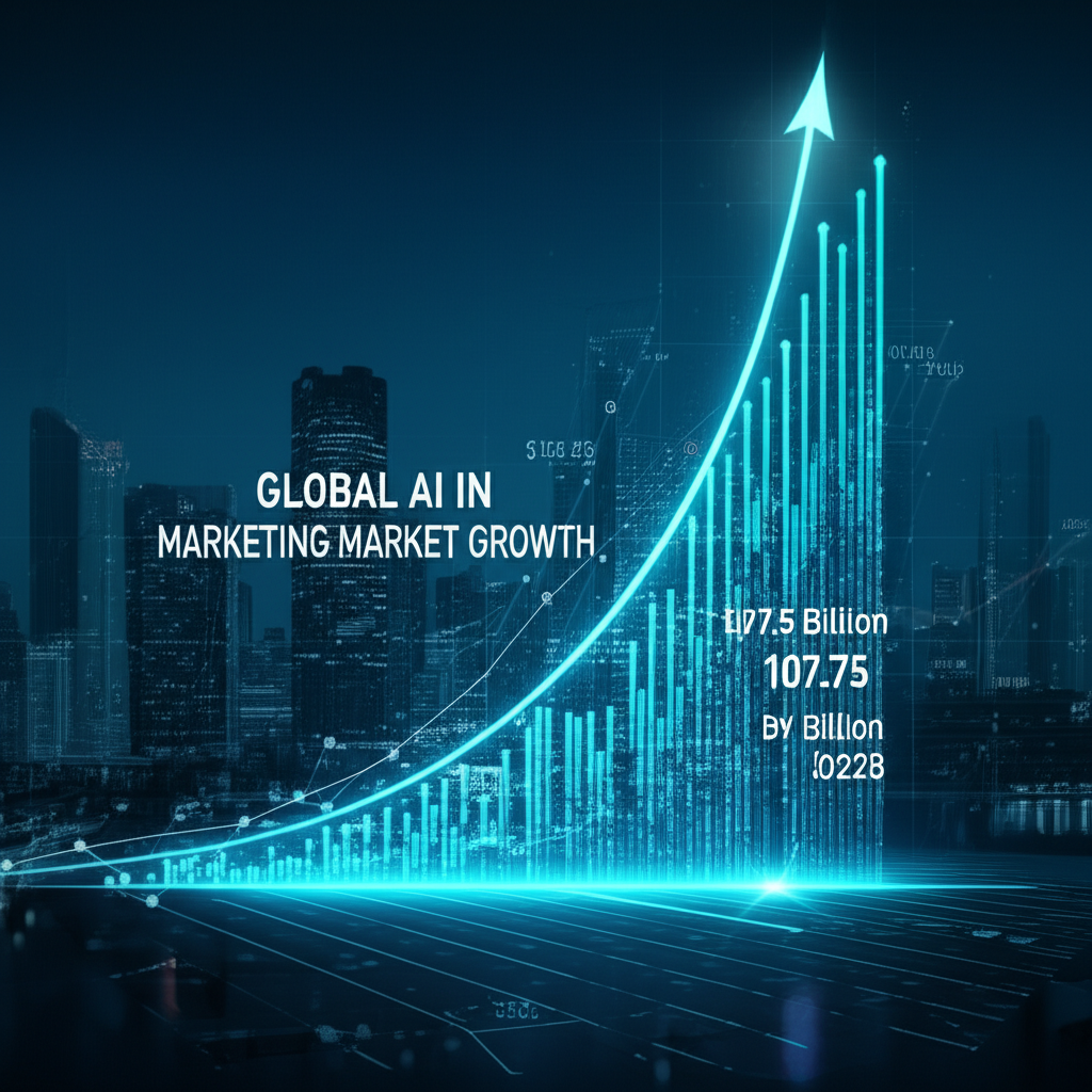 Futuristic cityscape with data streams and rising graphs showing AI in marketing market growth to 107.5 billion by 2028