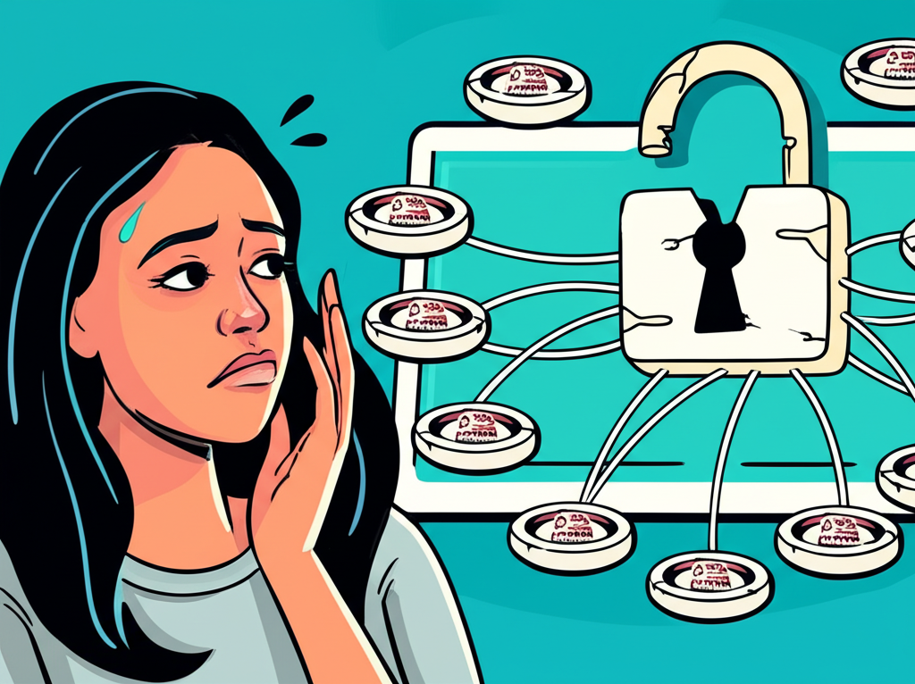 Minitinah02 concerned as digital content leaks from a broken lock on a screen, symbolizing unauthorized sharing of exclusive fan content