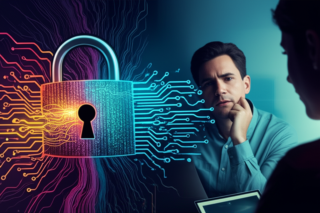 Illustration of data flowing uncontrollably from a broken digital lock symbolizing a privacy breach, a person looking concerned at a glowing screen in the background, abstract lines depicting information spreading fast