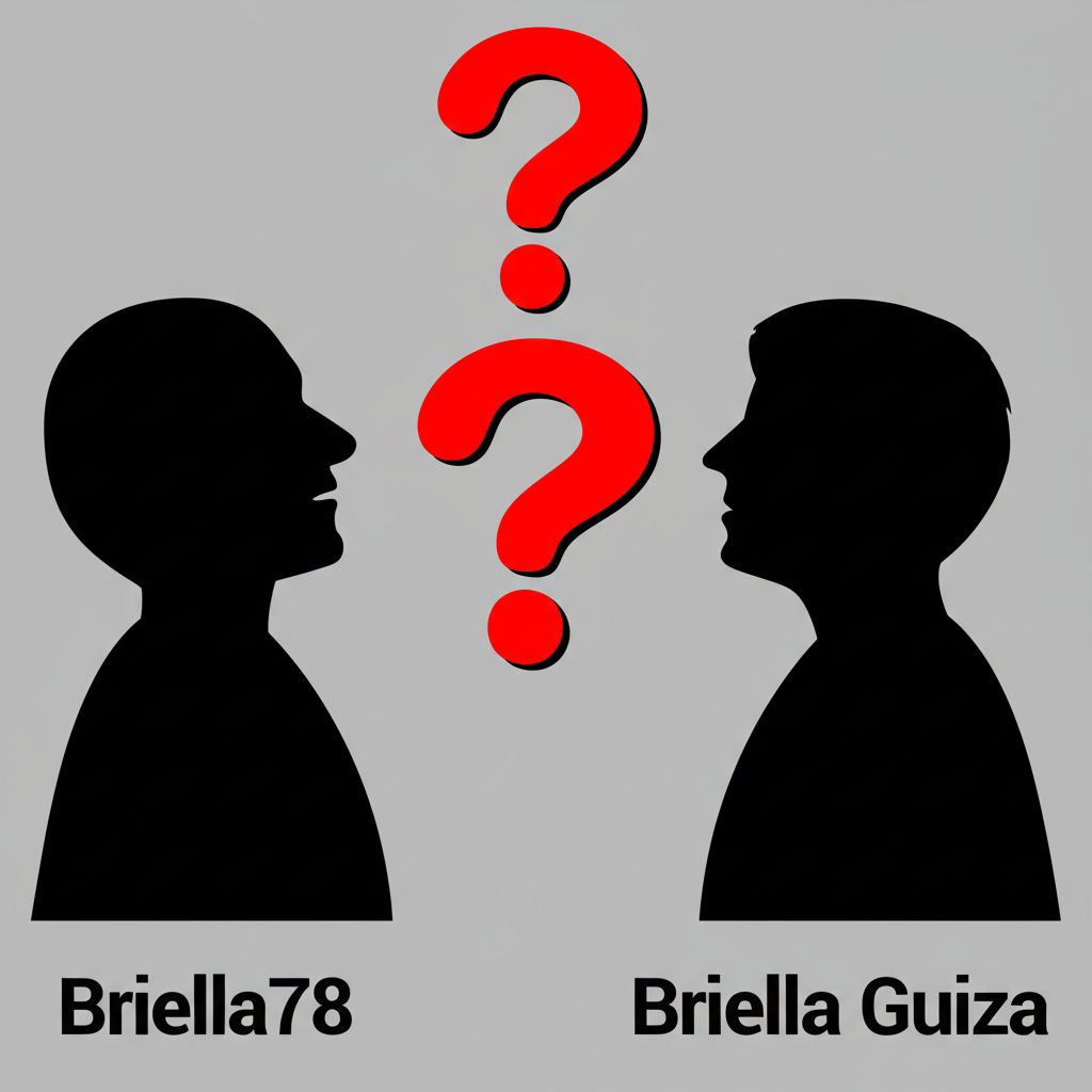 Illustration of two silhouettes labeled Briella78 and Briella Guiza connected by question marks, representing the frequent confusion over their online identities in the expansive digital realm
