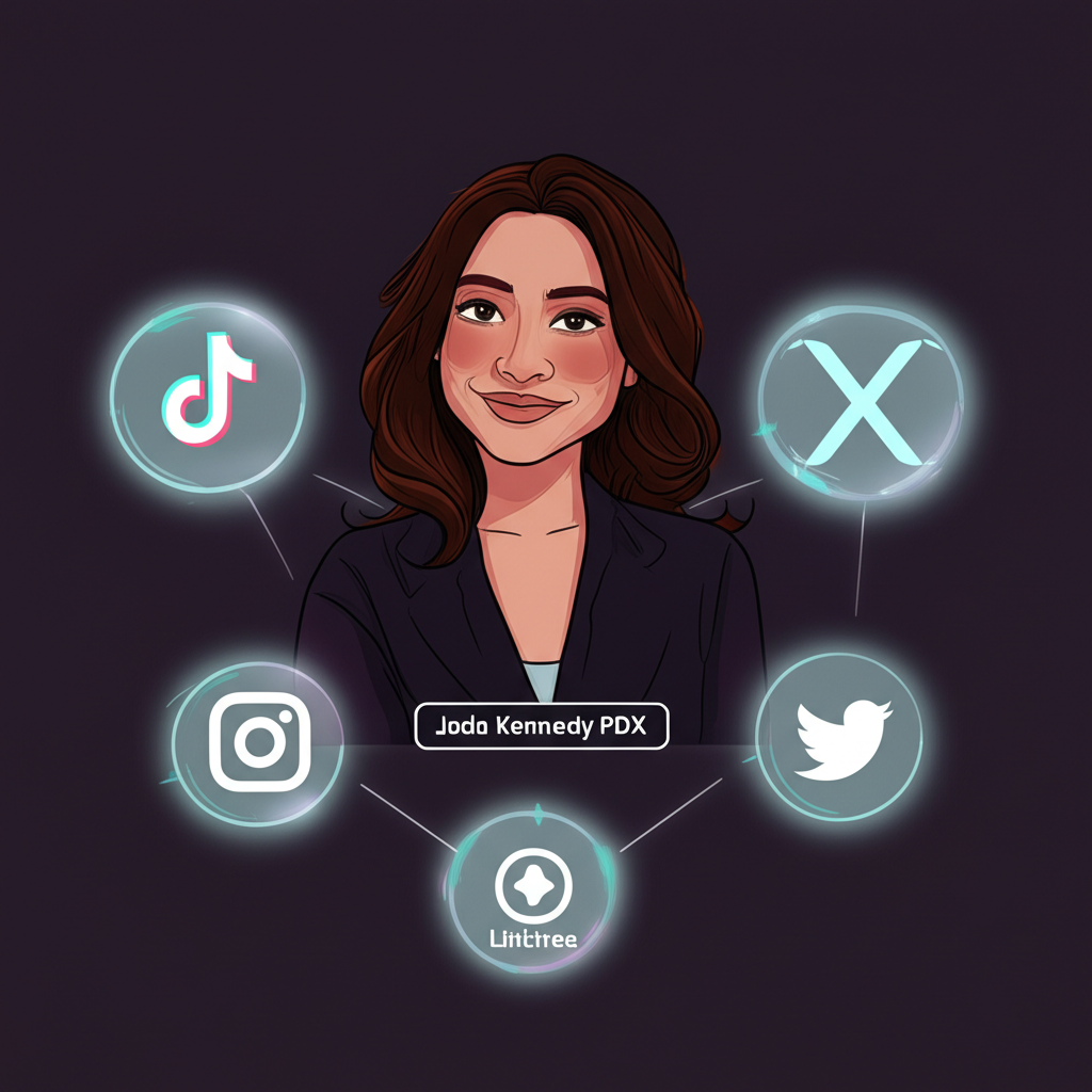 Jade Kennedy PDX's multi-platform approach featuring interconnected icons of TikTok, X, and Linktree for broad audience reach