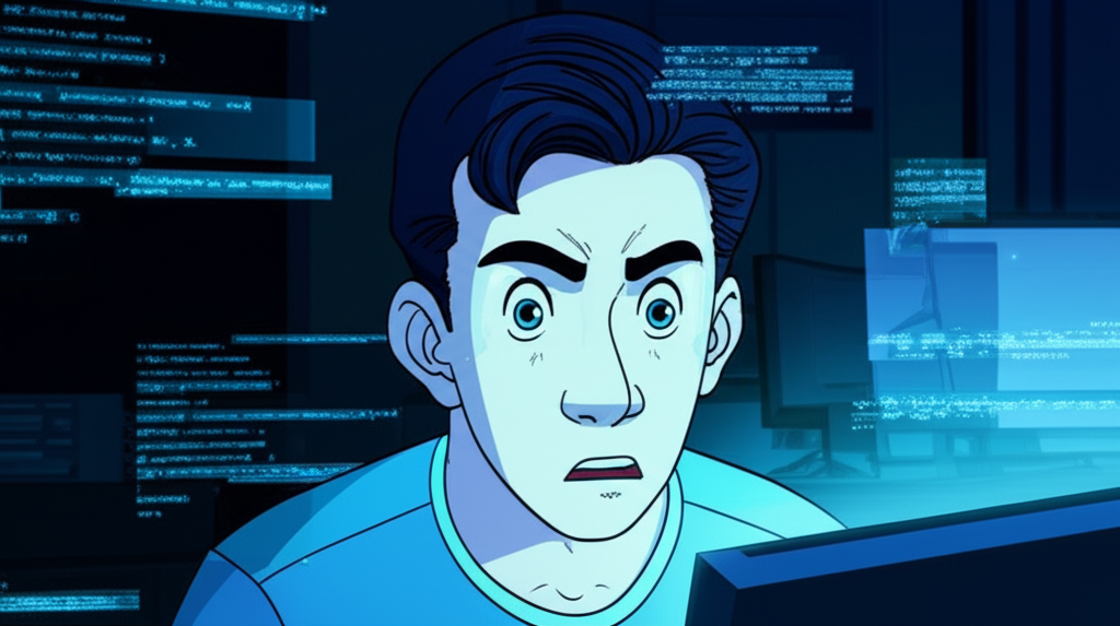 Developer concerned as fragmented data appears on a glowing screen in a dark room