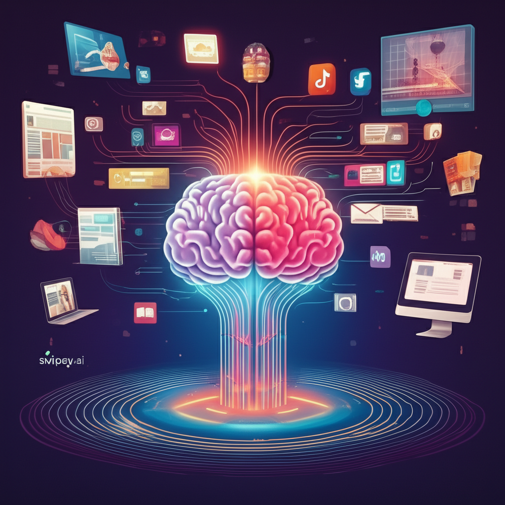 Digital landscape with AI-powered content creation tools like swipey.ai driving blogs, social media, and email marketing with efficiency and innovation