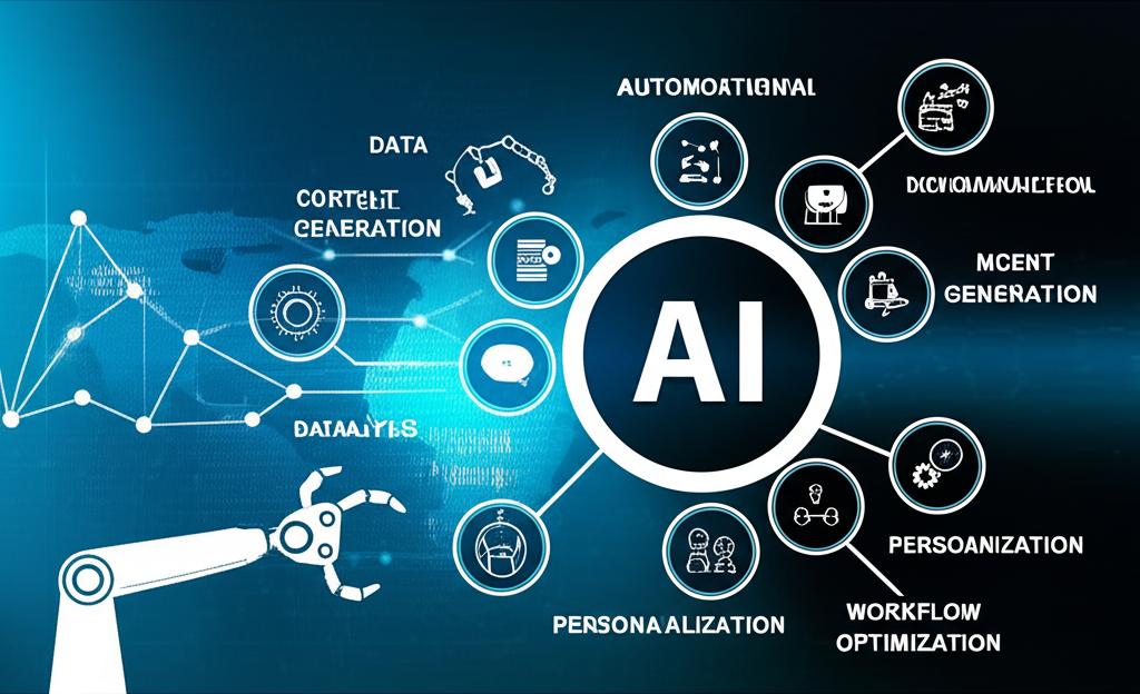 Illustration of AI productivity tools in harmony, covering automation, data analysis, content generation, personalization, and workflow optimization with global market growth hints