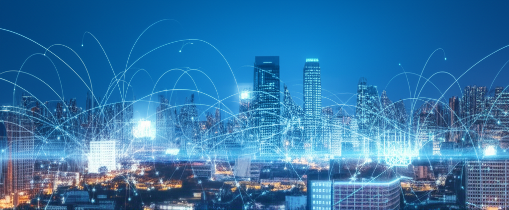 Futuristic business landscape with glowing AI elements integrating into sales and customer service processes