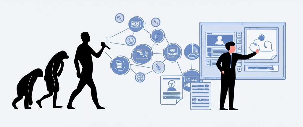 Illustration of the evolution from manual content creation to a symbiotic relationship between human creativity and AI efficiency using machine learning, NLP, and generative models
