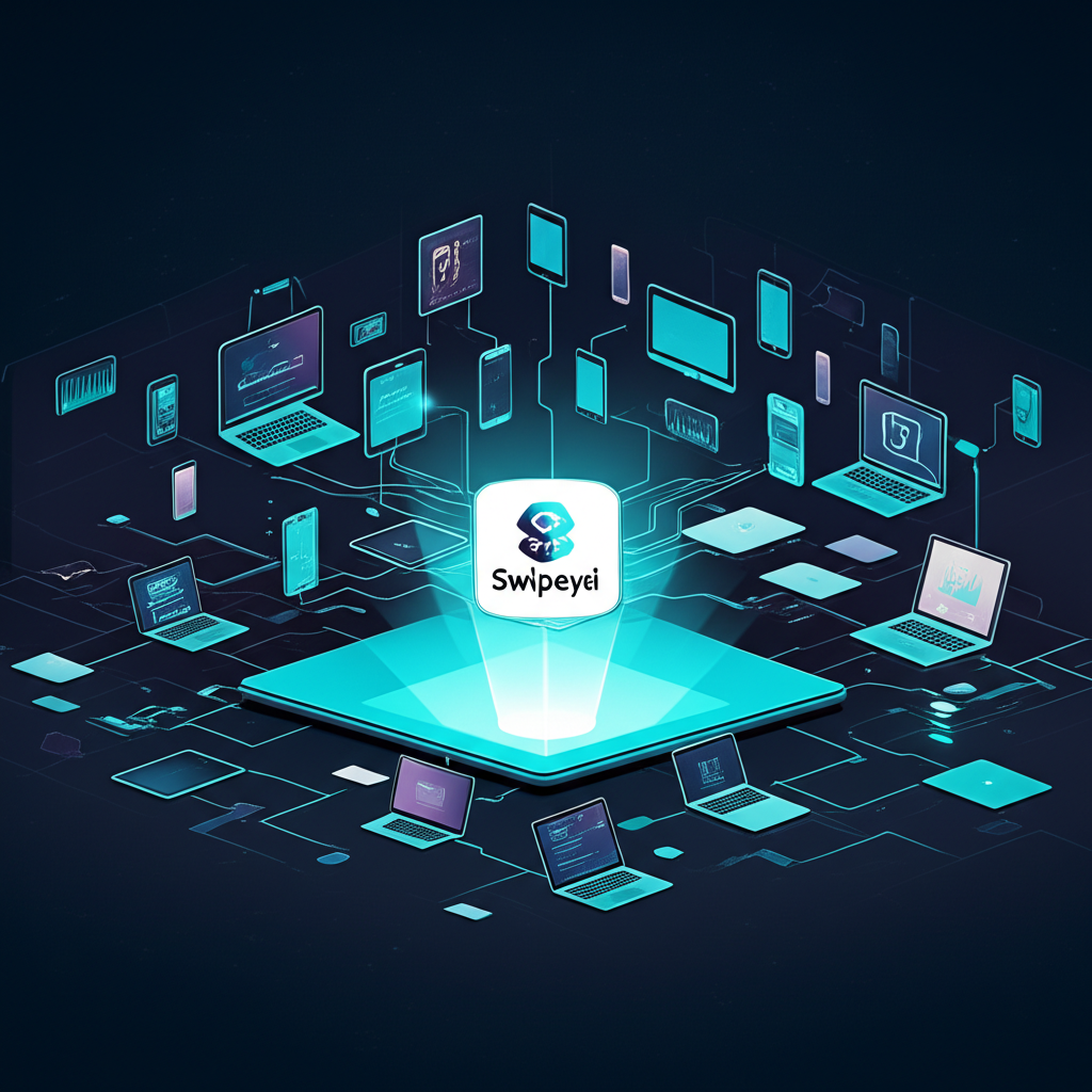 Digital landscape illustration showing interconnected devices and AI tools guiding toward a central swipey.ai hub for productivity