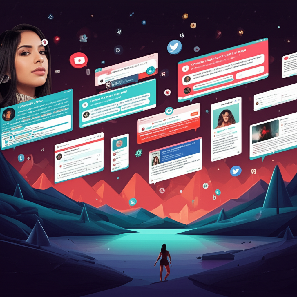 Digital illustration of a viral online trend showing news feeds and hashtags about Malu Trevejo's explicit moments and public controversies