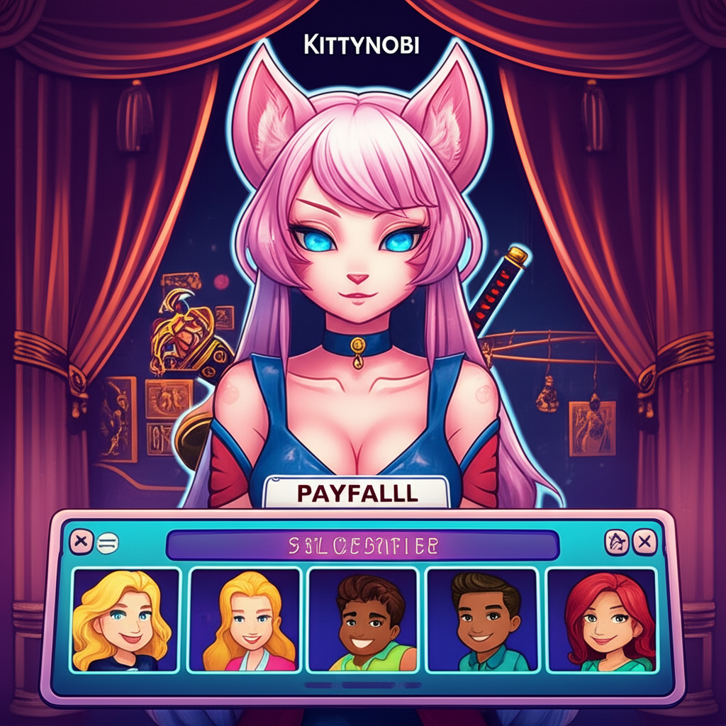 Illustration of Kittynobi as OnlyFans model behind paywall offering exclusive content to smiling subscribers in a vibrant, luxurious setting