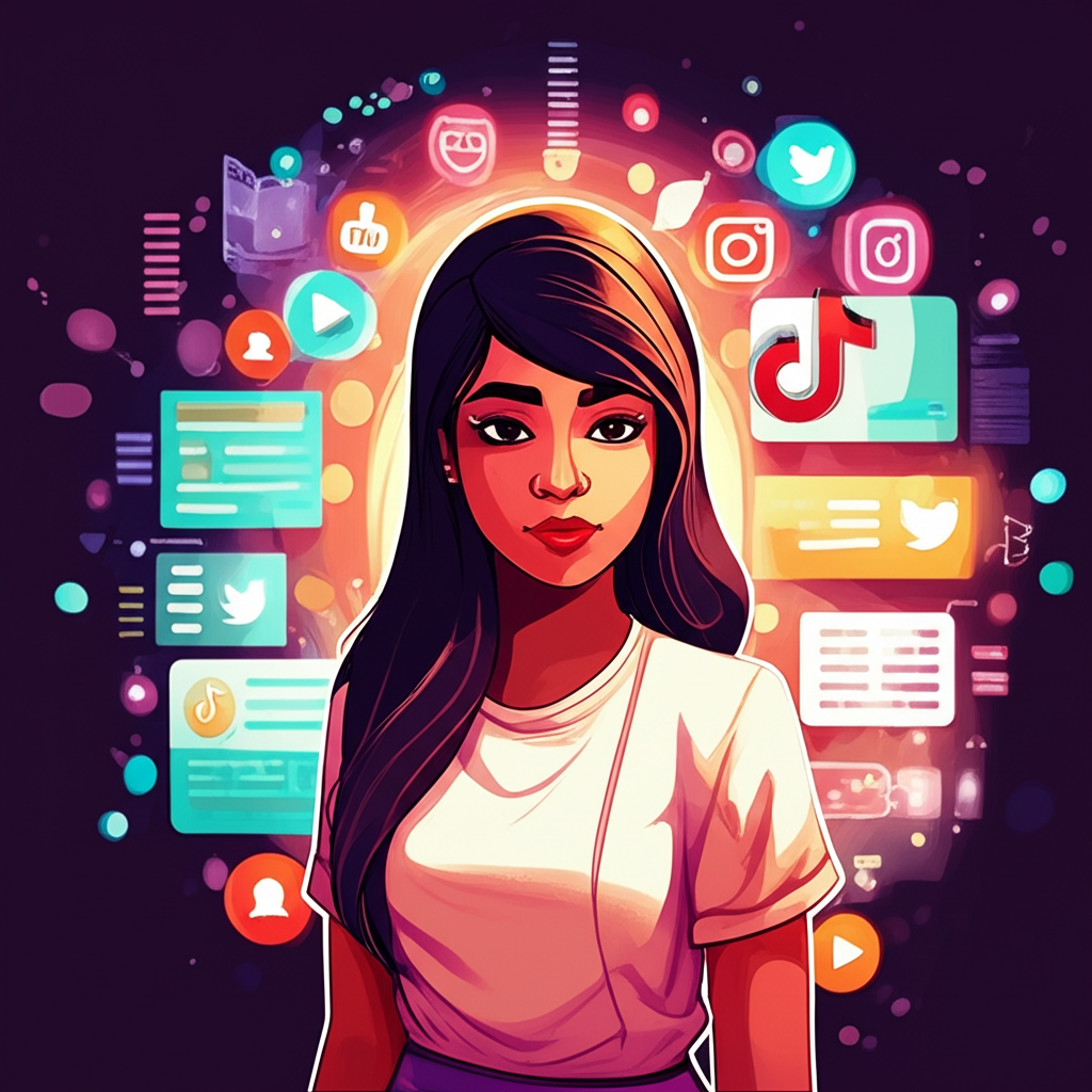 Illustration of a woman resembling Aishah Sofey surrounded by glowing social media icons and digital screens, representing her vibrant online presence as a digital creator
