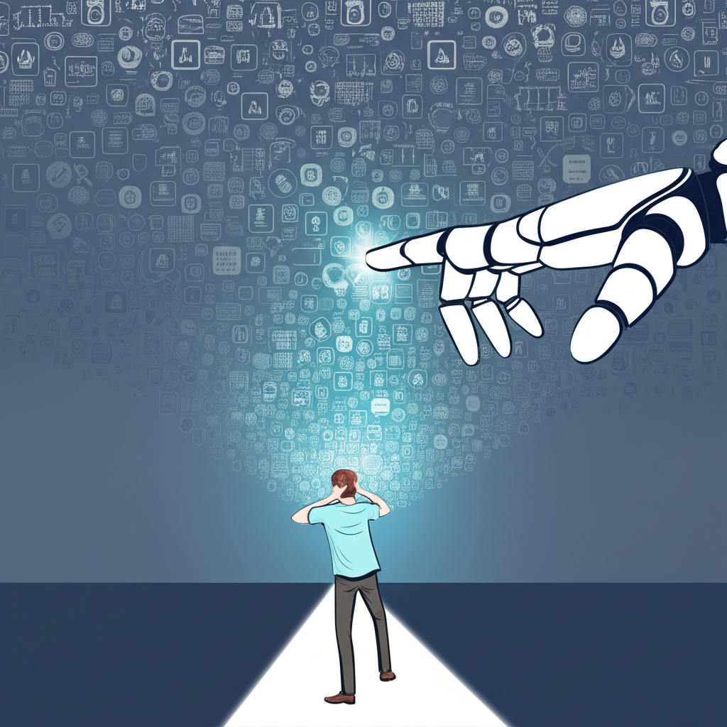 Consumer overwhelmed by product options with AI guiding to swipey.ai solution