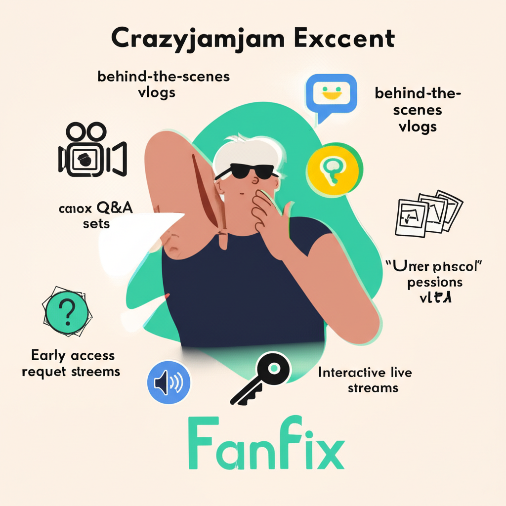 Illustration of Crazyjamjam posting exclusive Fanfix content like behind-the-scenes vlogs, Q&A sessions, photo sets, early access, and live streams for intimate subscriber connections