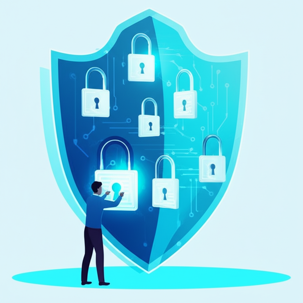 Person building a digital shield around their data using strong locks and glowing protective layers symbolizing online security and privacy protection