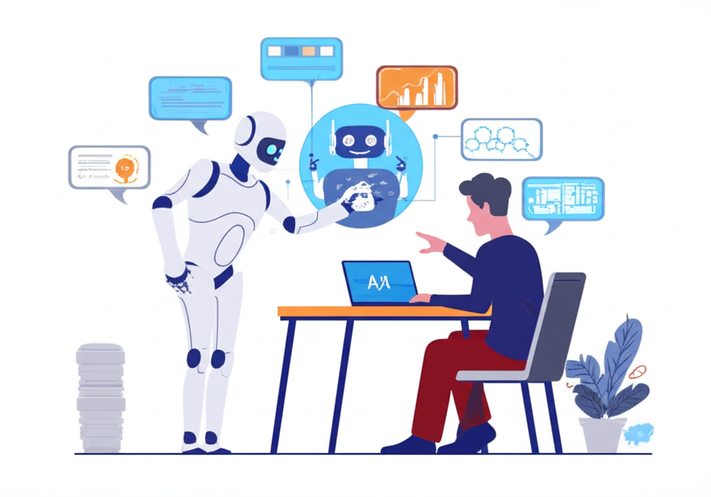 Illustration of a human creator collaborating with a friendly AI robot brainstorming ideas and drafting content, with repetitive tasks being automated to free up human creativity in a seamless workflow