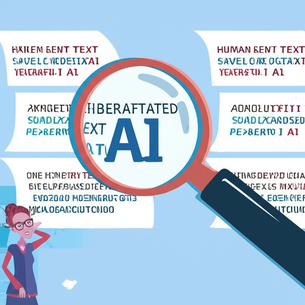 Magnifying glass failing to distinguish between human and AI text with frustrated editor in background