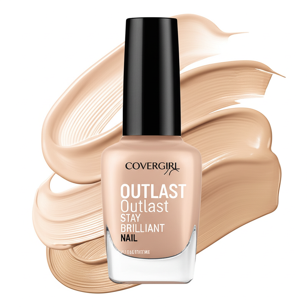 An illustration showcasing a bottle of CoverGirl Outlast Stay Brilliant Nail Gloss in Daisy Bloom Nude with a brilliant gel-like shine surrounded by delicate creamy neutral tones symbolizing its versatile and long-lasting chip-resistant formula