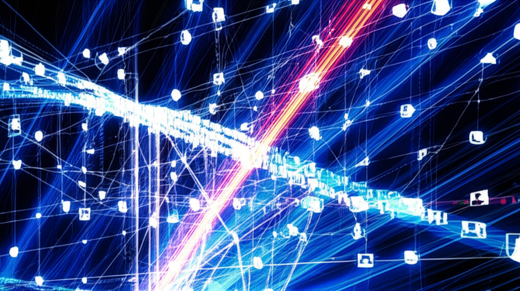 digital landscape with glowing data streams and interconnected nodes showing rapid online speculation around a public figure