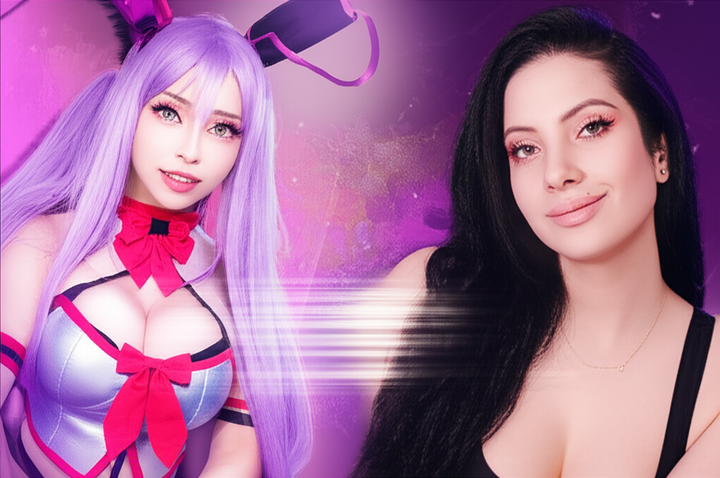 Illustration of Momokun transforming from celebrated cosplayer to adult content creator in the digital economy