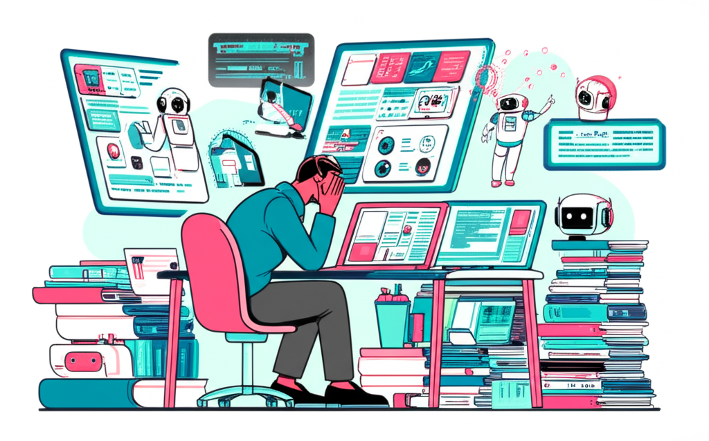 Content creator overwhelmed by digital tasks with AI robots streamlining content creation