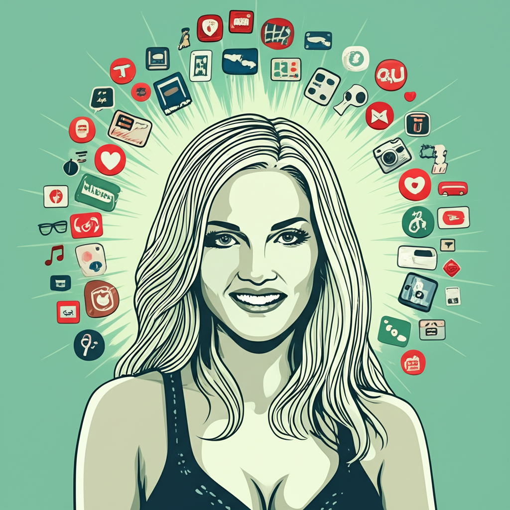 Illustration of a confident woman resembling Morgan Lane surrounded by diverse adult content icons, symbolizing her extensive catalog and significant following in a neutral, professional guide