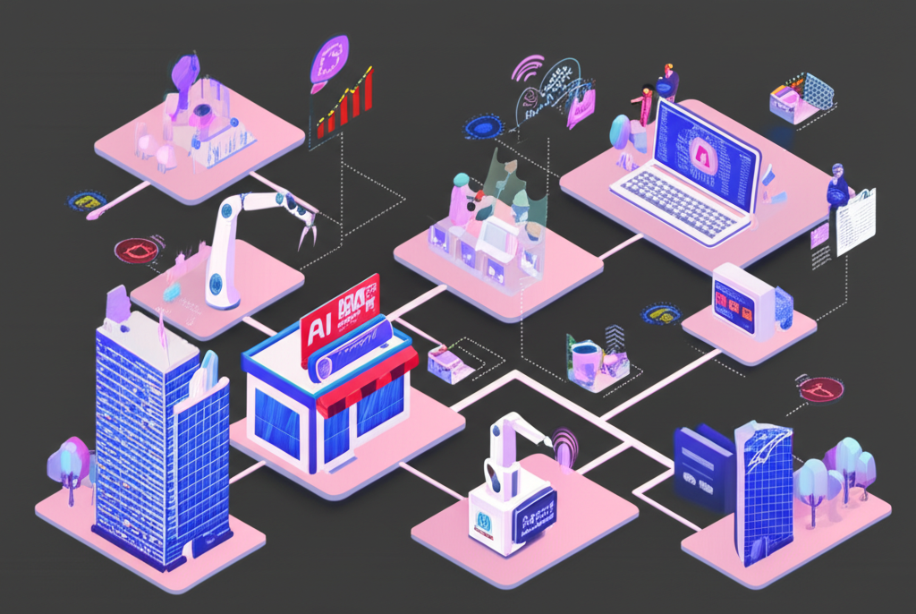 Diverse businesses from startups to enterprises using AI tools to automate tasks, generate analytics, and boost productivity in a digital-first environment