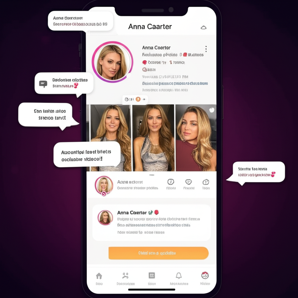 Anna Caarter as a digital creator with floating exclusive photos and videos hinting at lingerie and cosplay