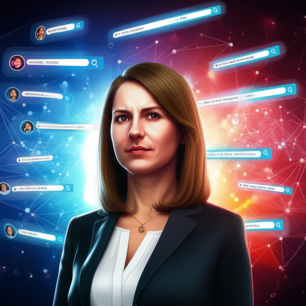 Neringa Kriziute navigating a complex digital landscape with floating search queries