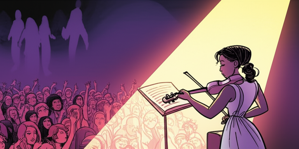 Female musician on stage under spotlight with supportive crowd and distant rumor shadows